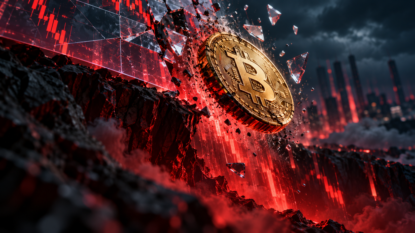 Ilustración editorial de Bitcoin cae bajo 82.000 dólares mientras las liquidaciones cripto superan los 770 millones