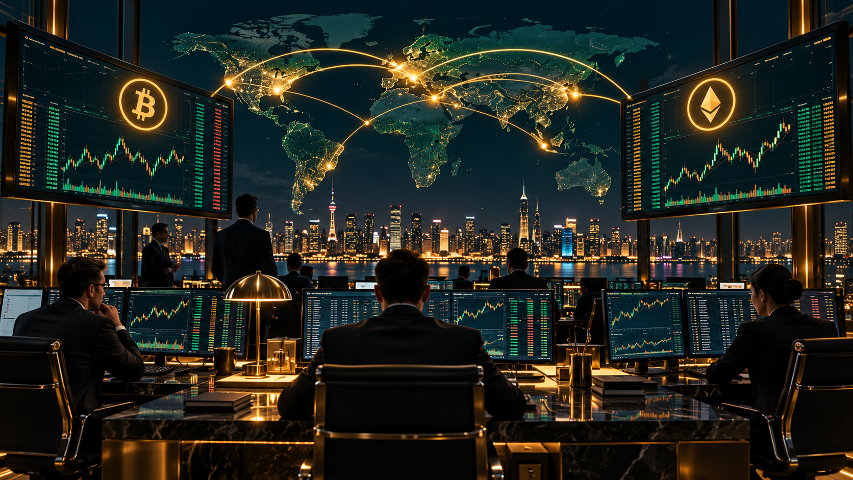Ilustración editorial de Los hedge funds empiezan a mirar el arbitraje cripto como una estrategia de mercado 24/7