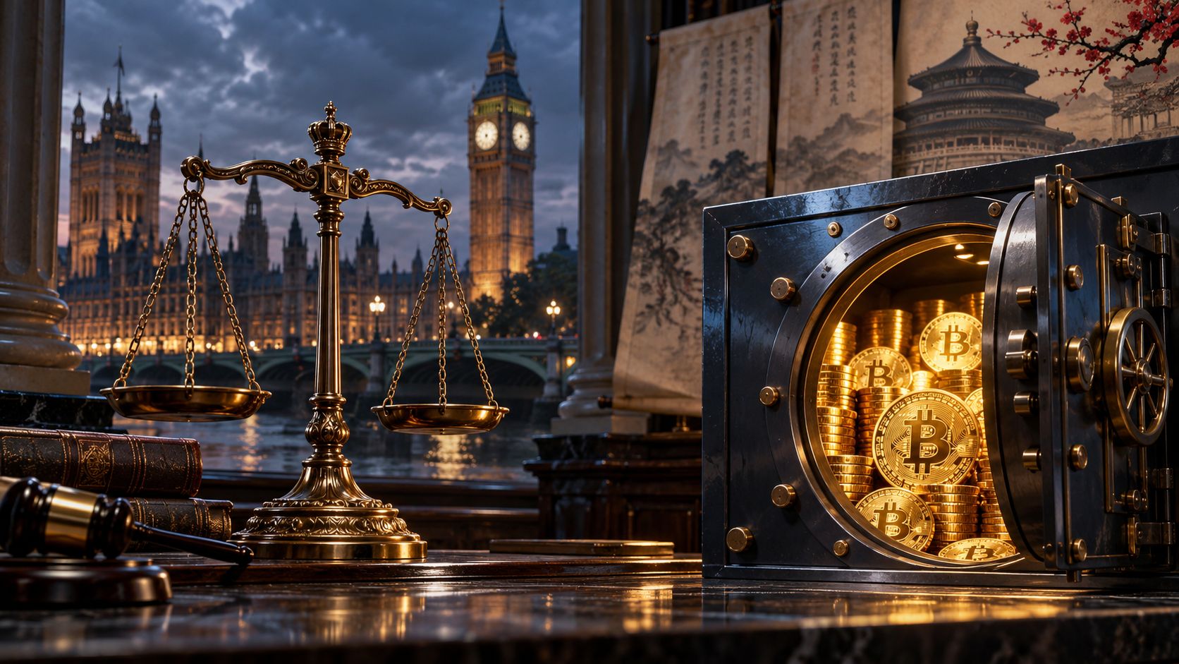 Ilustración editorial de Un tribunal británico aplicará la ley china en el litigio por 61.000 bitcoins incautados