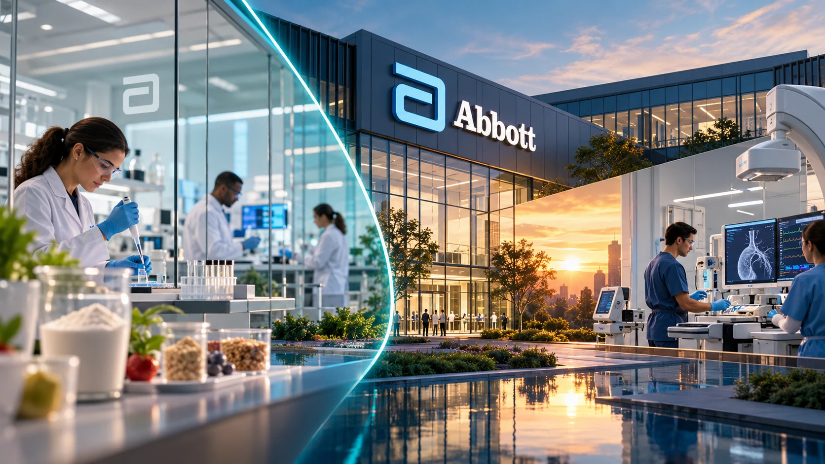 Campus sanitario de Abbott con laboratorios de nutrición y tecnología médica conectados por una escisión corporativa