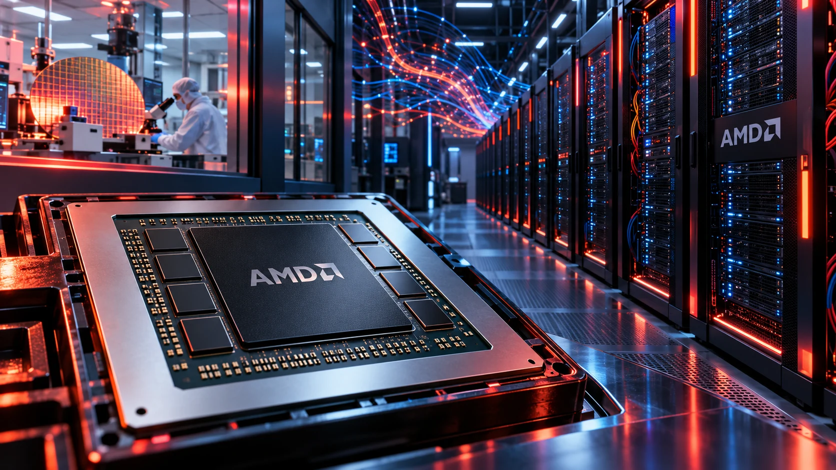 Chip AMD en primer plano frente a servidores de inteligencia artificial en un centro de datos
