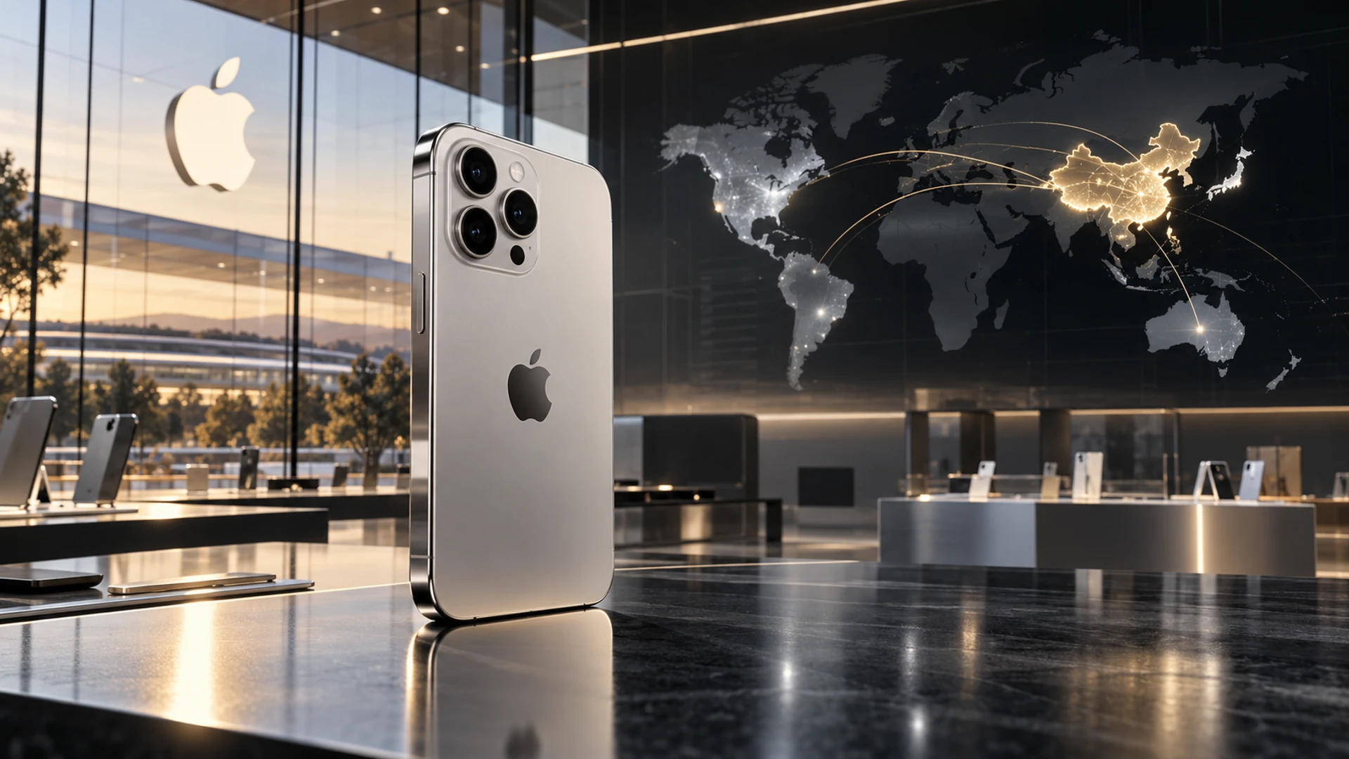 iPhone 18 Pro en un espacio corporativo de Apple con un mapa mundial que ilumina China