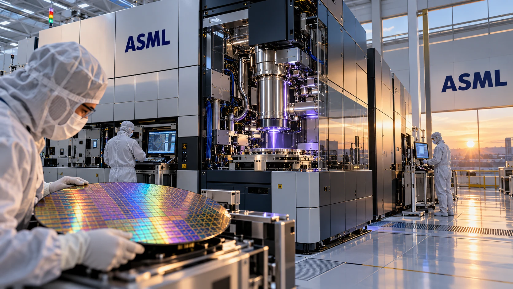 Máquina de litografía ASML en una sala limpia con una oblea de silicio en primer plano