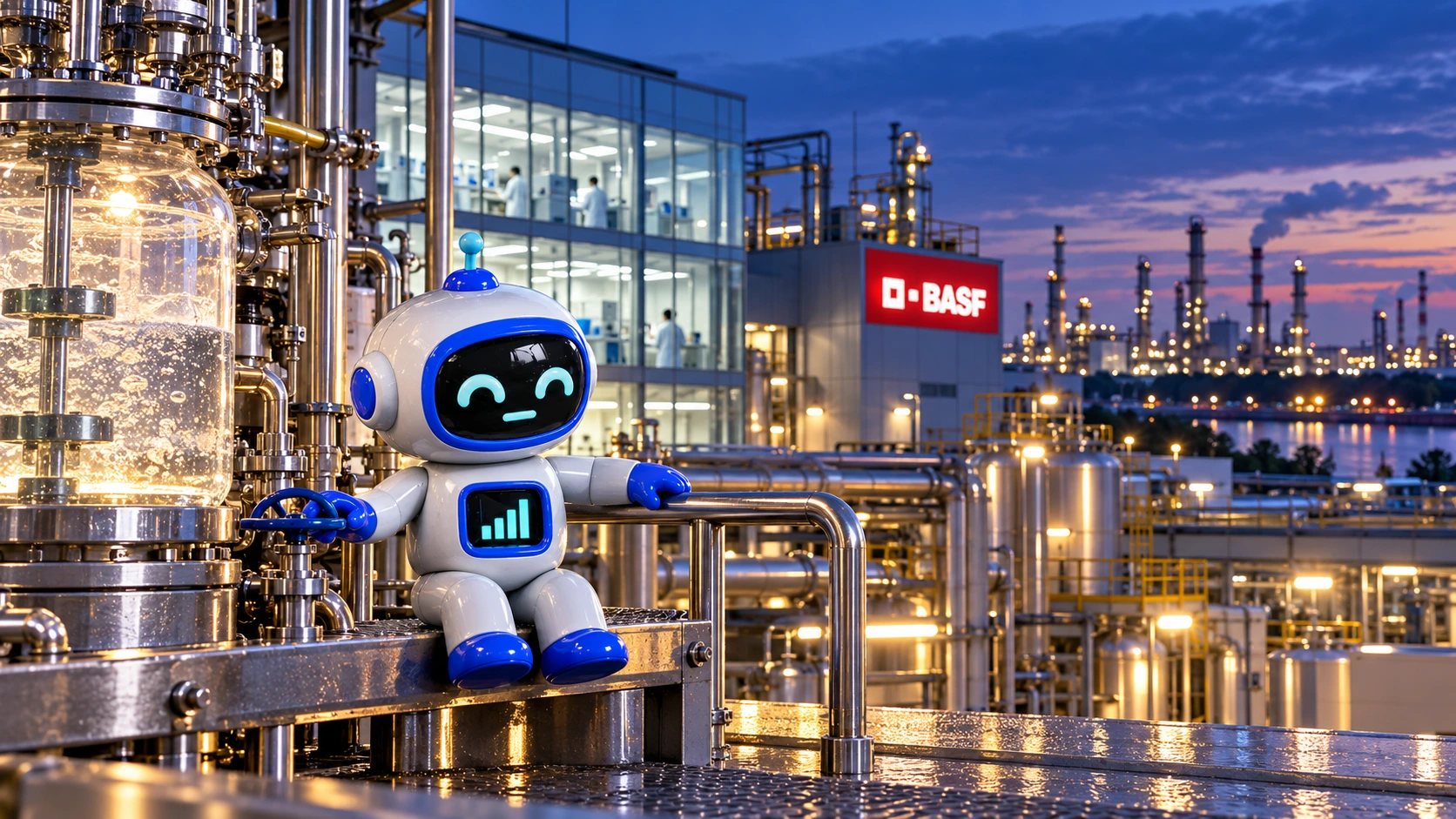 BolsaBot junto a un reactor transparente en un complejo químico de BASF al anochecer