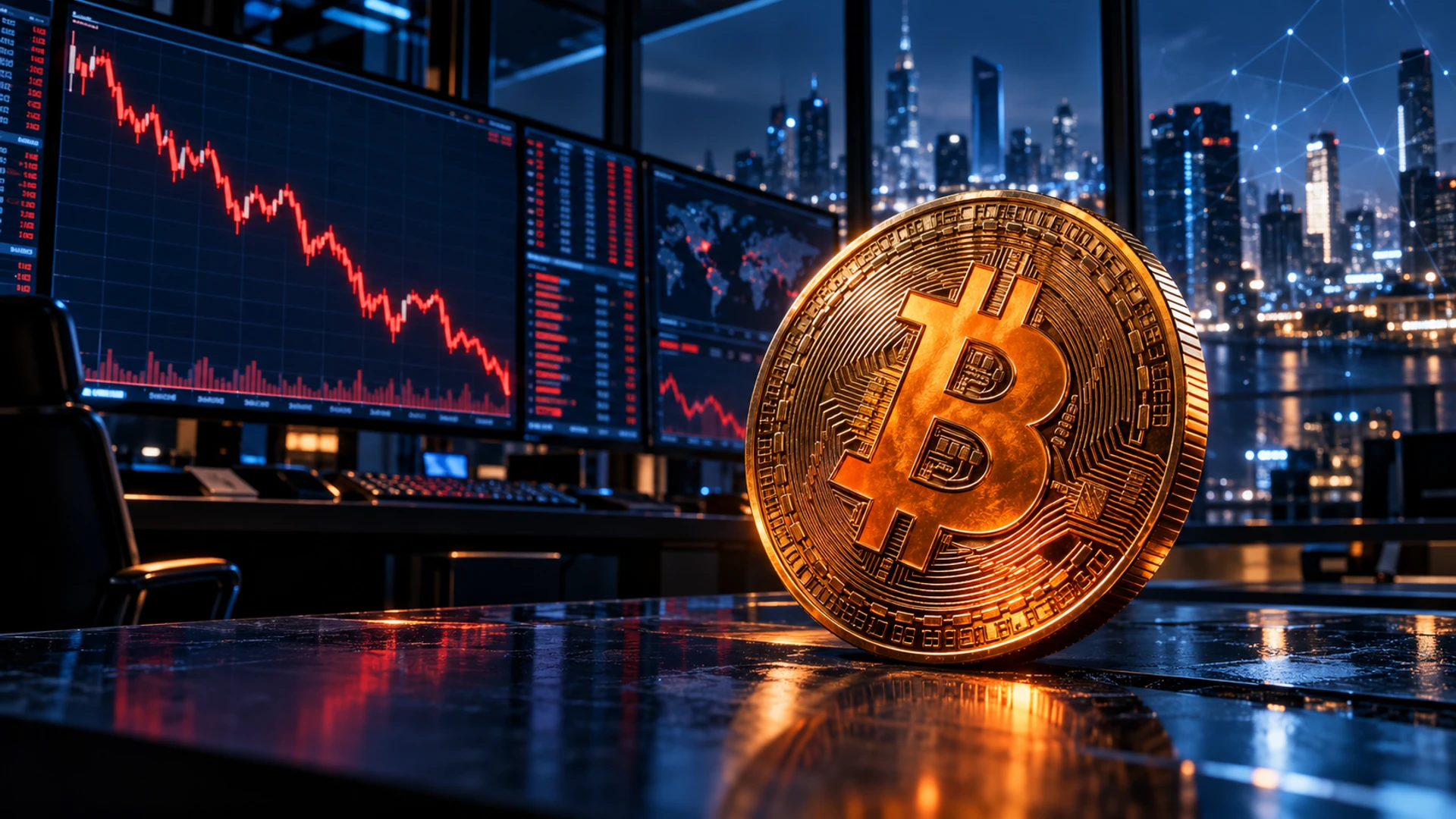 Moneda de Bitcoin frente a pantallas de mercado con una caída de precios