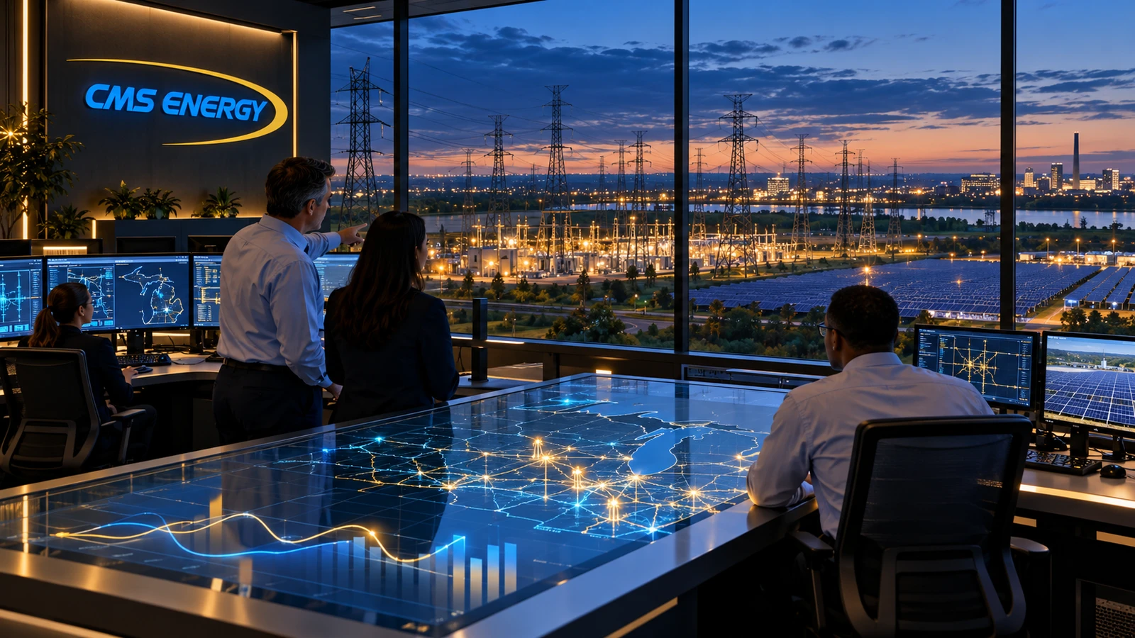 Centro de control de CMS Energy ante una red eléctrica y un campo solar al anochecer