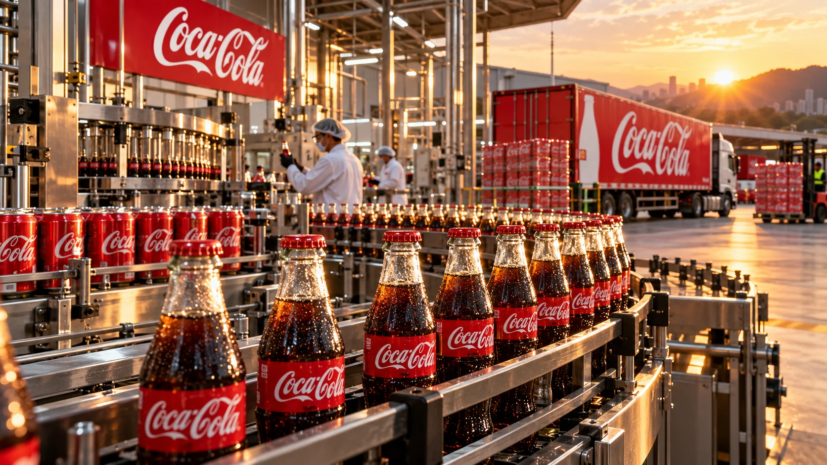 Línea de embotellado de Coca-Cola con productos y distribución al amanecer