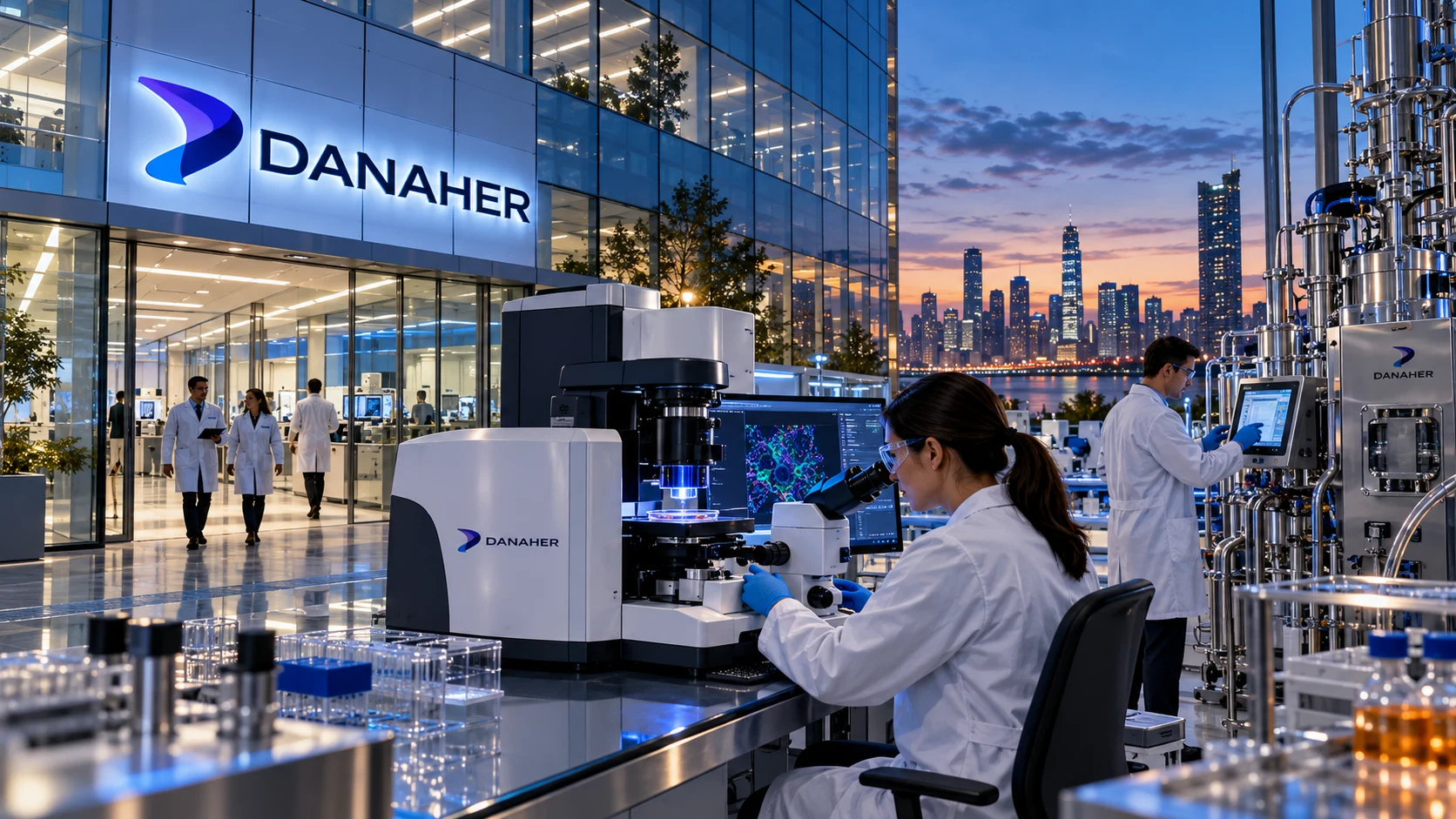 Laboratorio de Danaher con instrumentos de diagnóstico y la identidad corporativa de la compañía