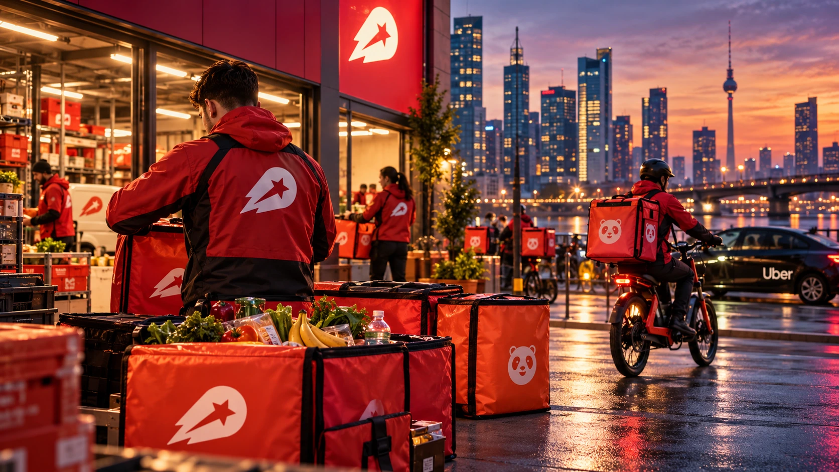 Centro urbano de comercio rápido con repartidores y vehículos de Uber al atardecer