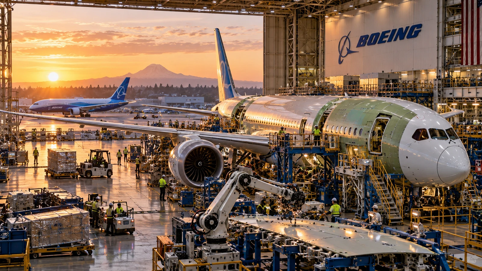 Línea de ensamblaje de Boeing con un avión comercial y robots industriales al amanecer