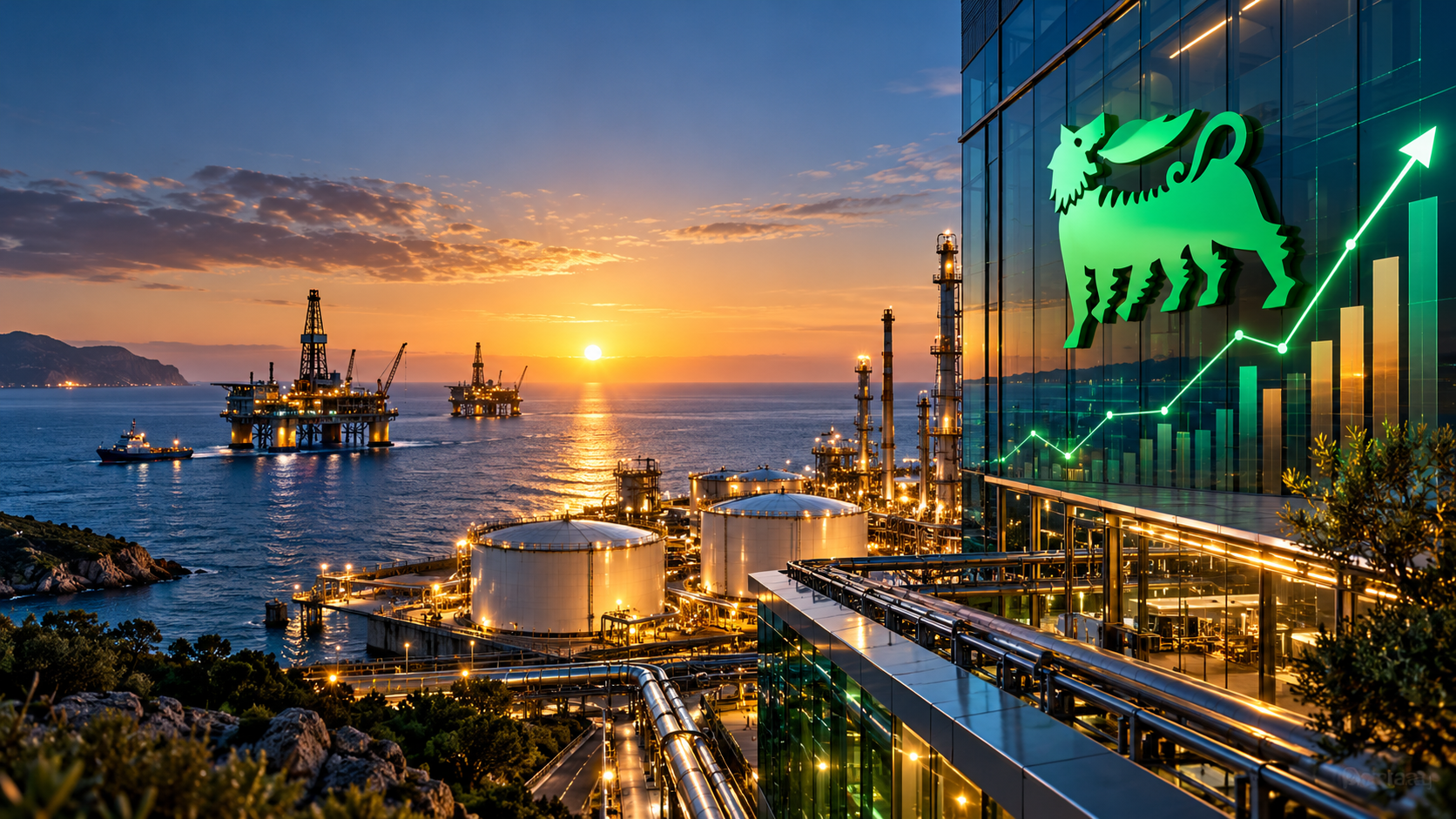 Terminal energética mediterránea con el emblema verde de Eni y una señal alcista