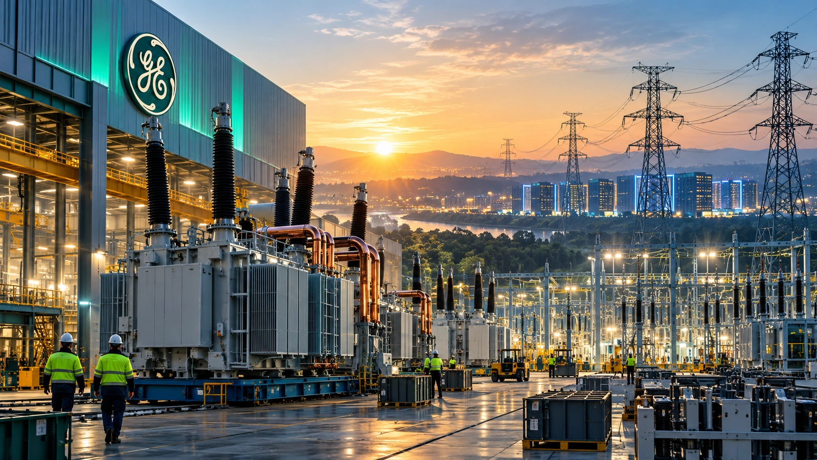 Planta de equipos eléctricos de GE Vernova con transformadores y red de alta tensión al amanecer