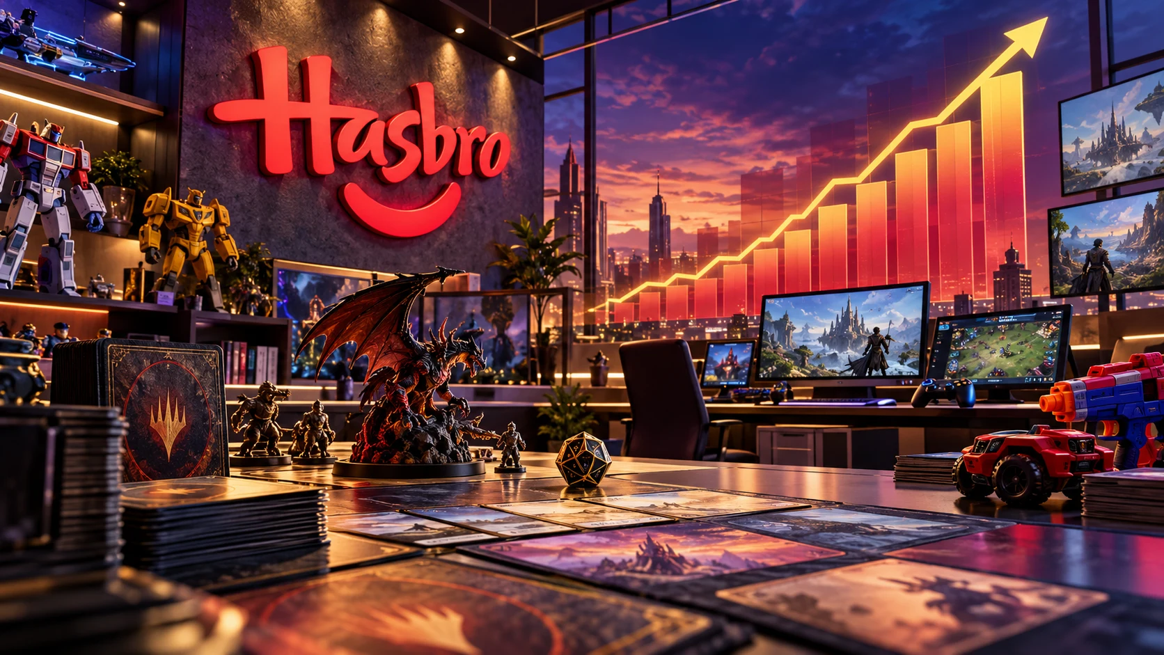 Estudio creativo de Hasbro con juegos de mesa, cartas coleccionables y pantallas de entretenimiento