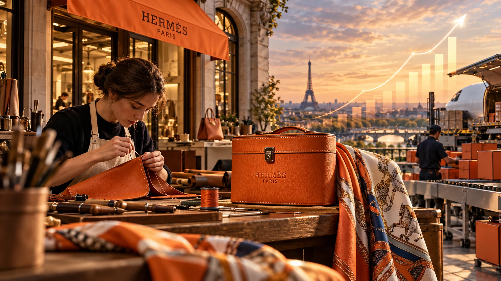 Taller artesanal de Hermès en París con cuero naranja, costura manual y mapa de demanda mundial