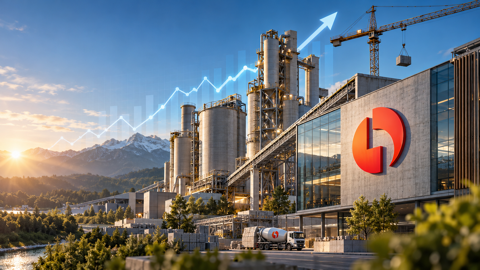 Planta de cemento y grúa con el emblema rojo de Holcim y una señal alcista