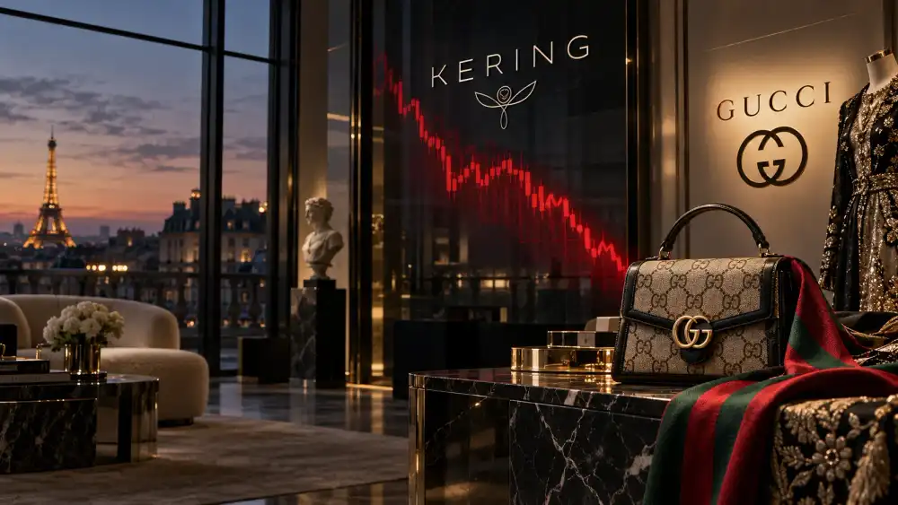 Escaparate de lujo inspirado en Gucci y Kering con gráfico bursátil descendente