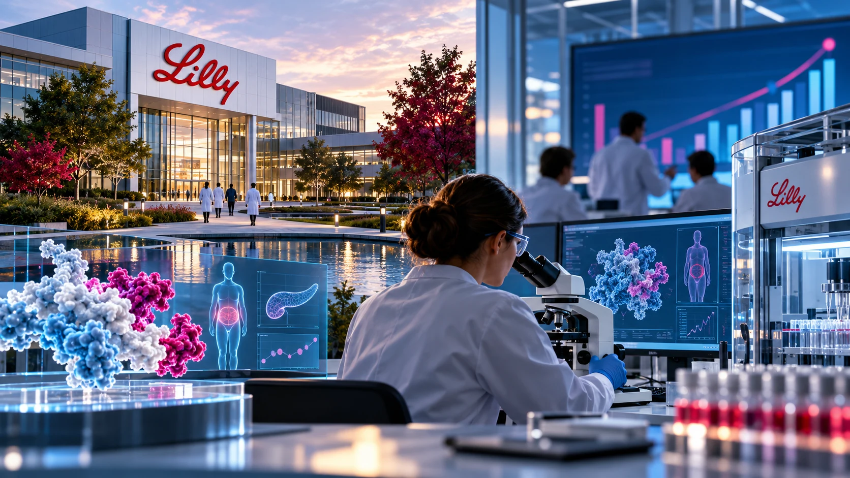 Campus de Eli Lilly con laboratorio de investigación metabólica y moléculas de precisión