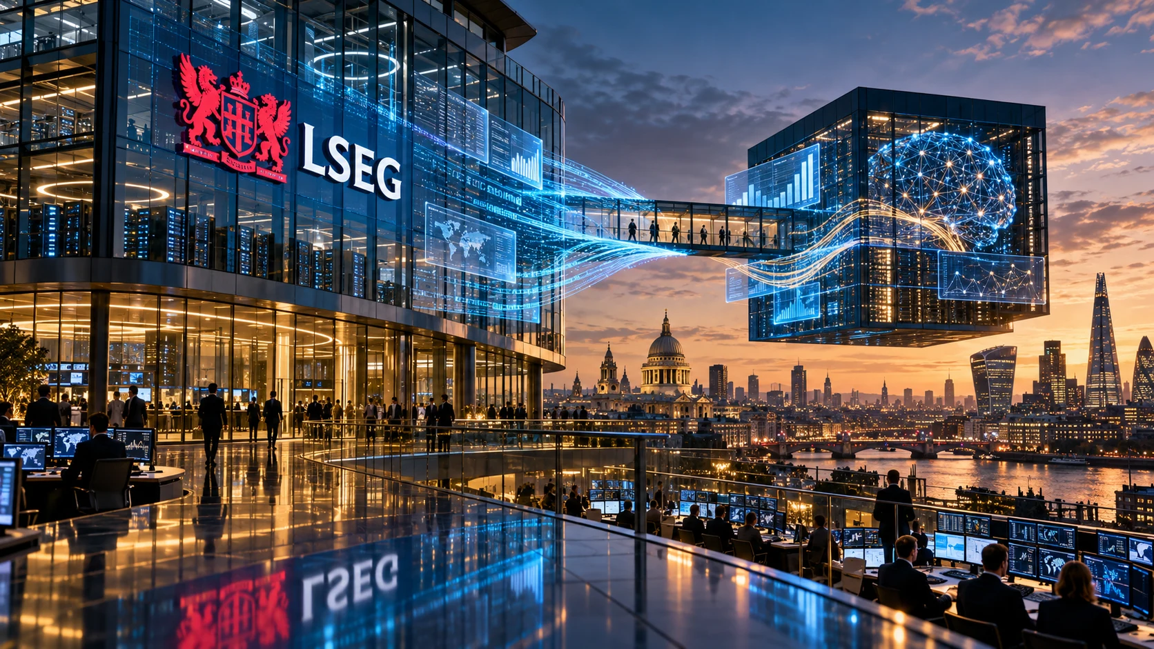 Centro de datos financieros de LSEG en Londres con redes de crédito y analítica conectadas