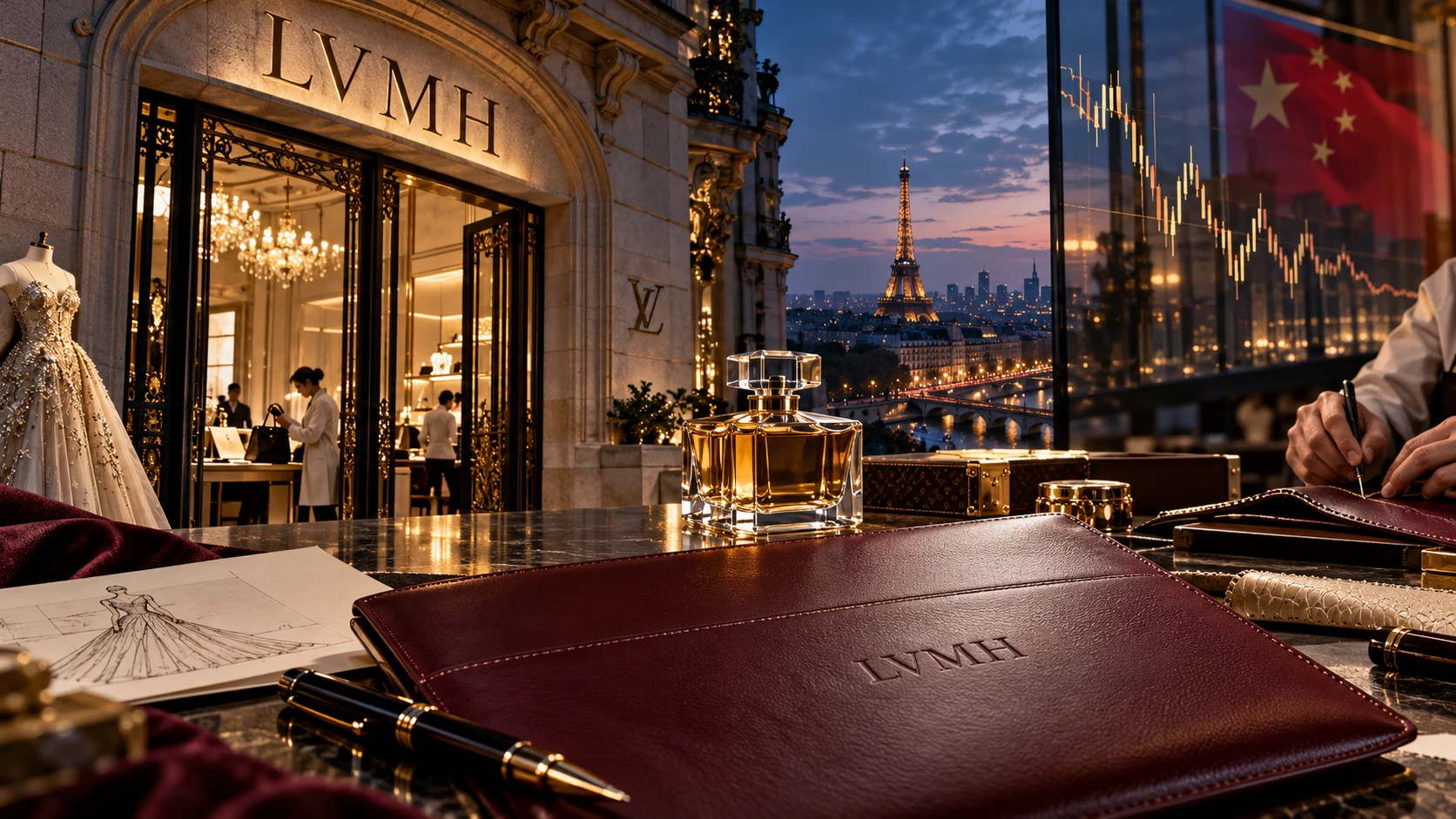 Casa de lujo de LVMH en París con atelier, cuero, perfumería y un mapa de demanda global