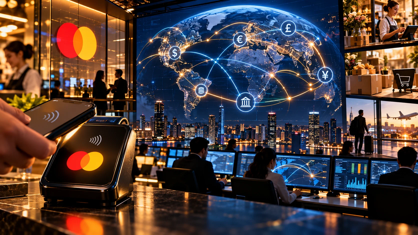 Centro global de pagos Mastercard con terminales, monedas y redes digitales conectadas