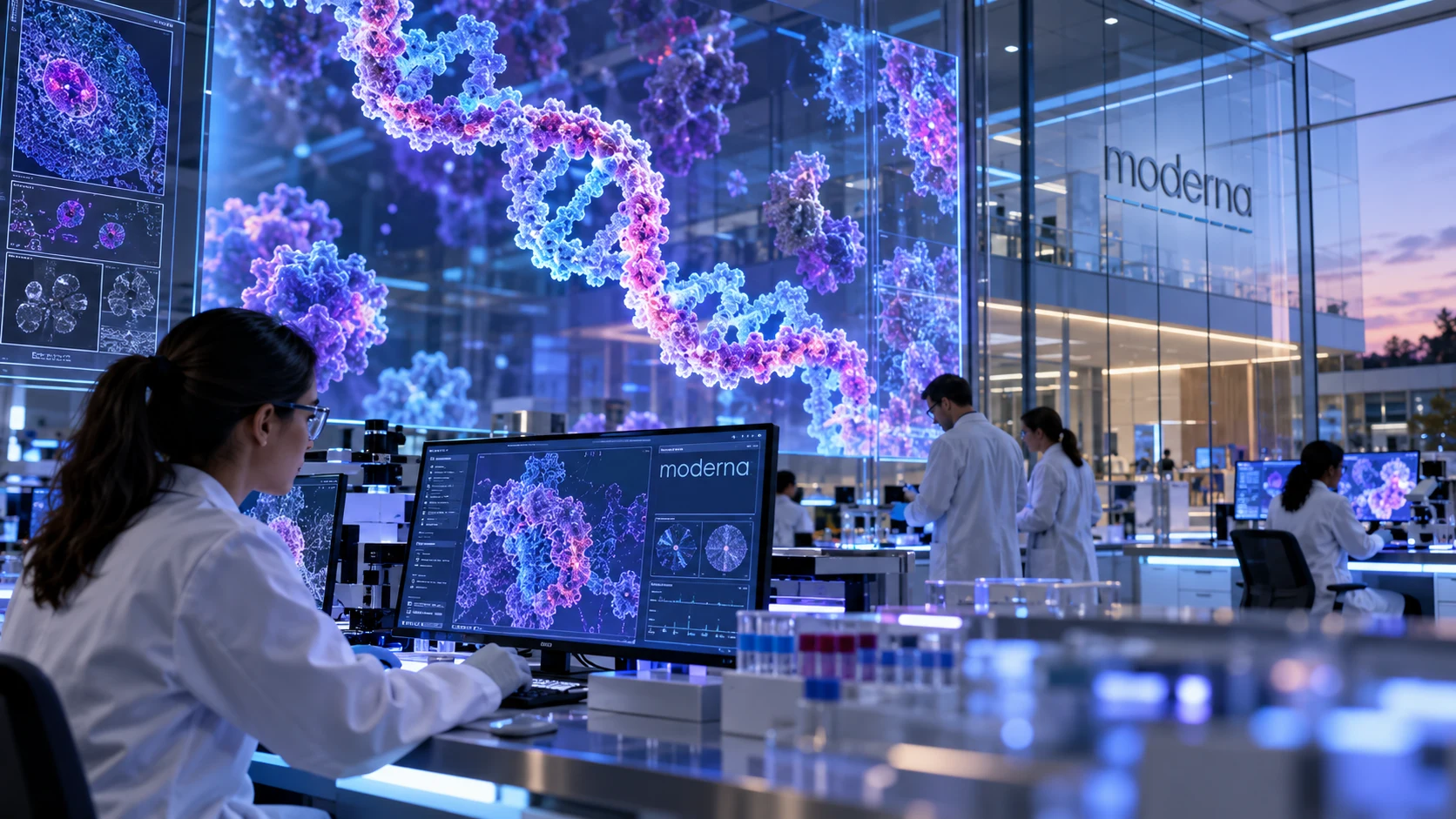 Laboratorio de Moderna con una visualización de ARN mensajero y la identidad de la compañía integrada