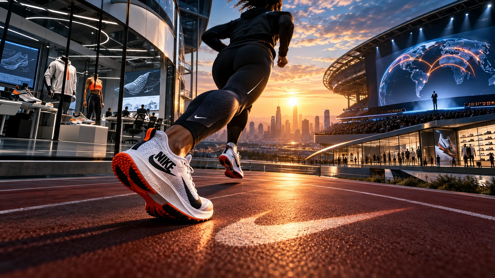 Laboratorio deportivo de Nike con zapatilla de rendimiento, pista de atletismo y centro global de diseño