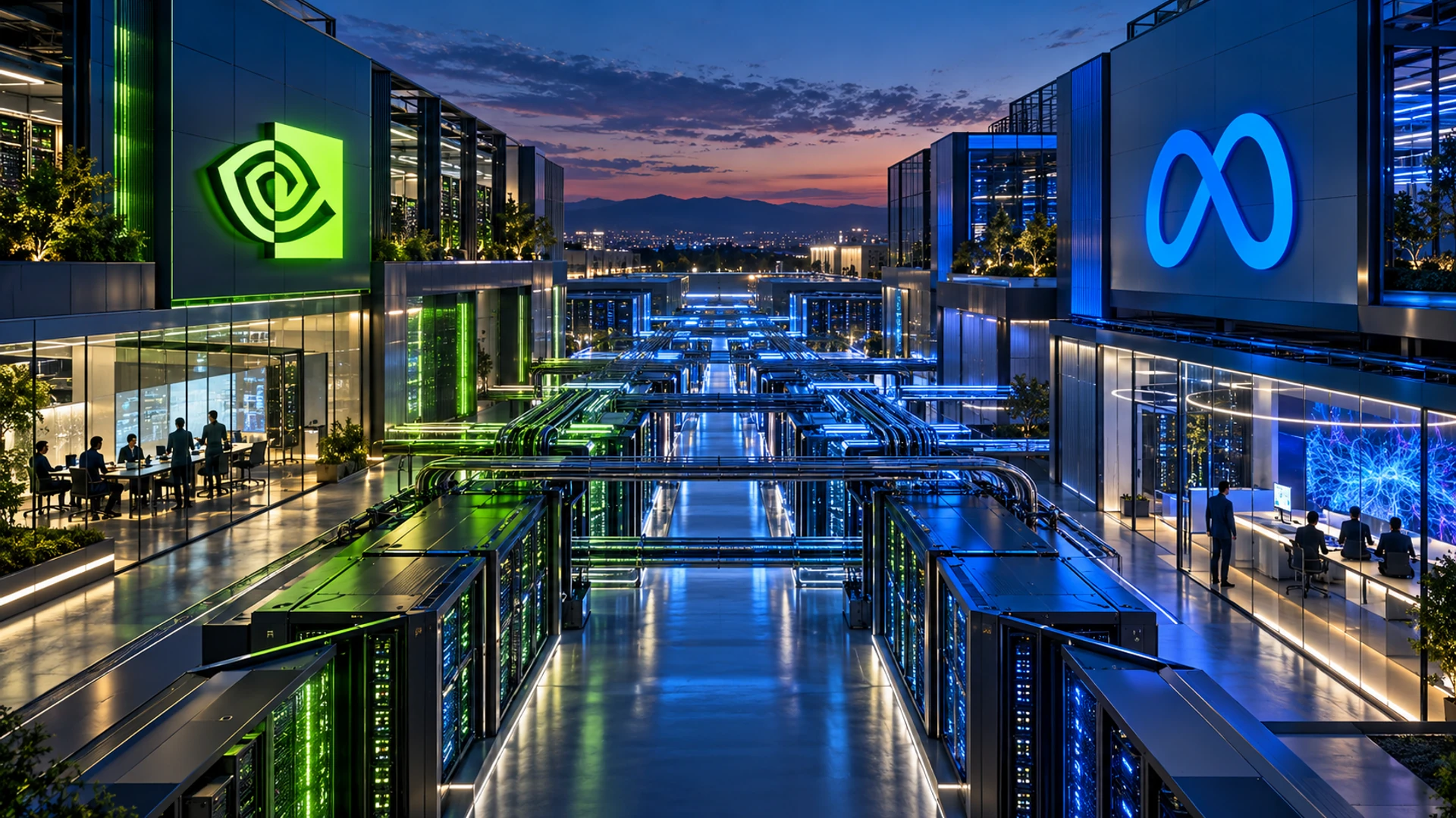 Composición editorial propia de Nvidia y Meta sobre centros de datos e inteligencia artificial
