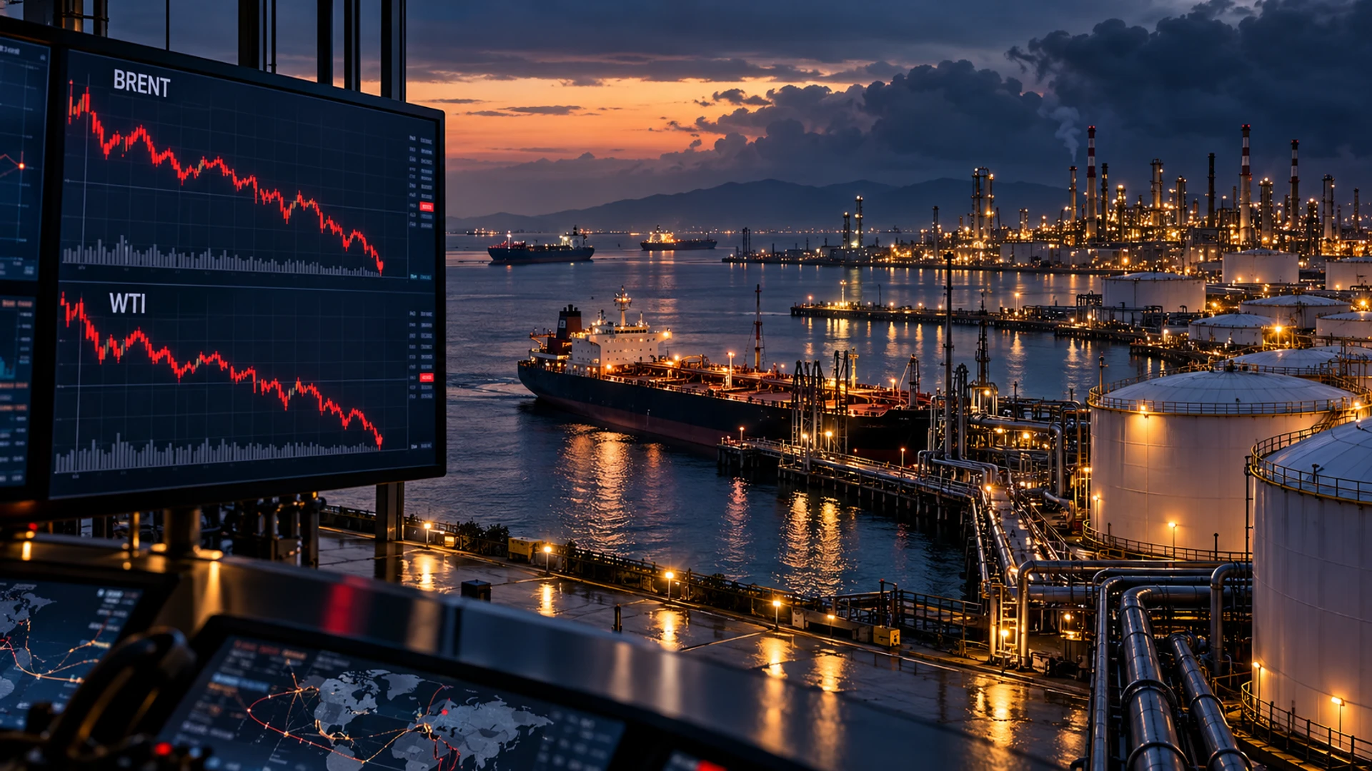 Terminal petrolera al anochecer con gráficos descendentes de Brent y WTI