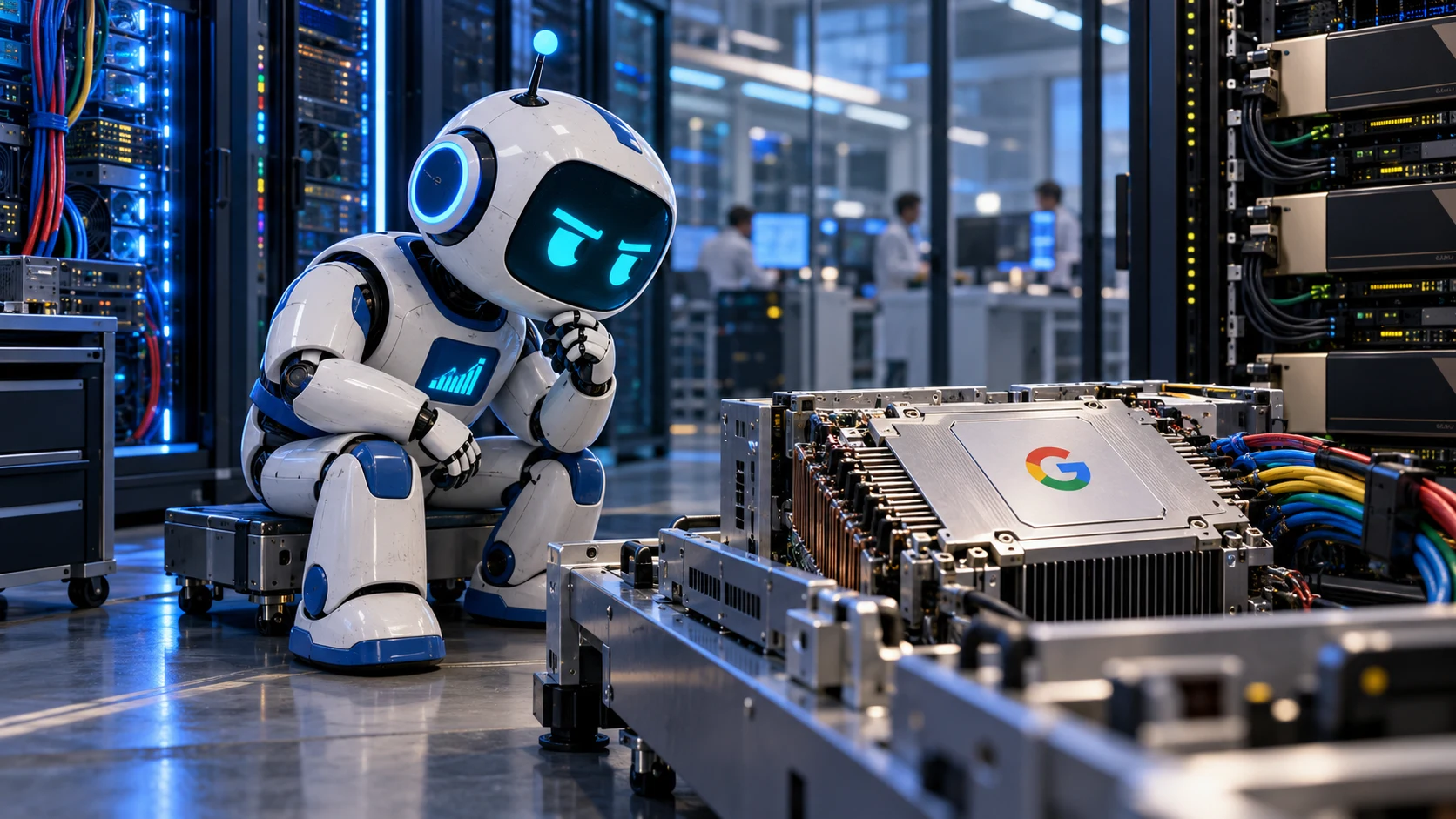 BolsaBot examina un acelerador de inteligencia artificial en un laboratorio de chips y servidores