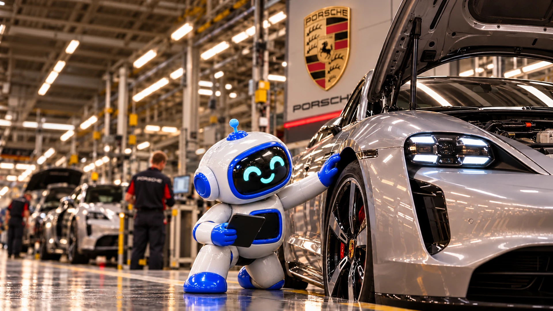 BolsaBot arrodillado junto a un Porsche en una línea de producción con el escudo de la marca al fondo