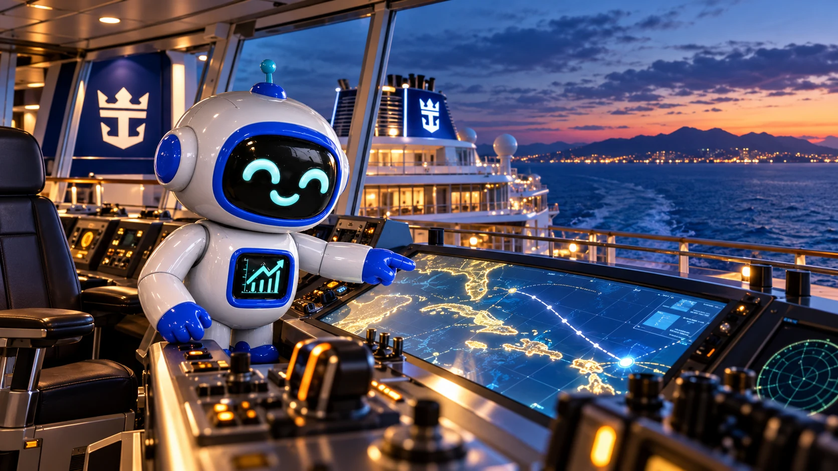 BolsaBot integrado en el puente de un crucero Royal Caribbean al atardecer