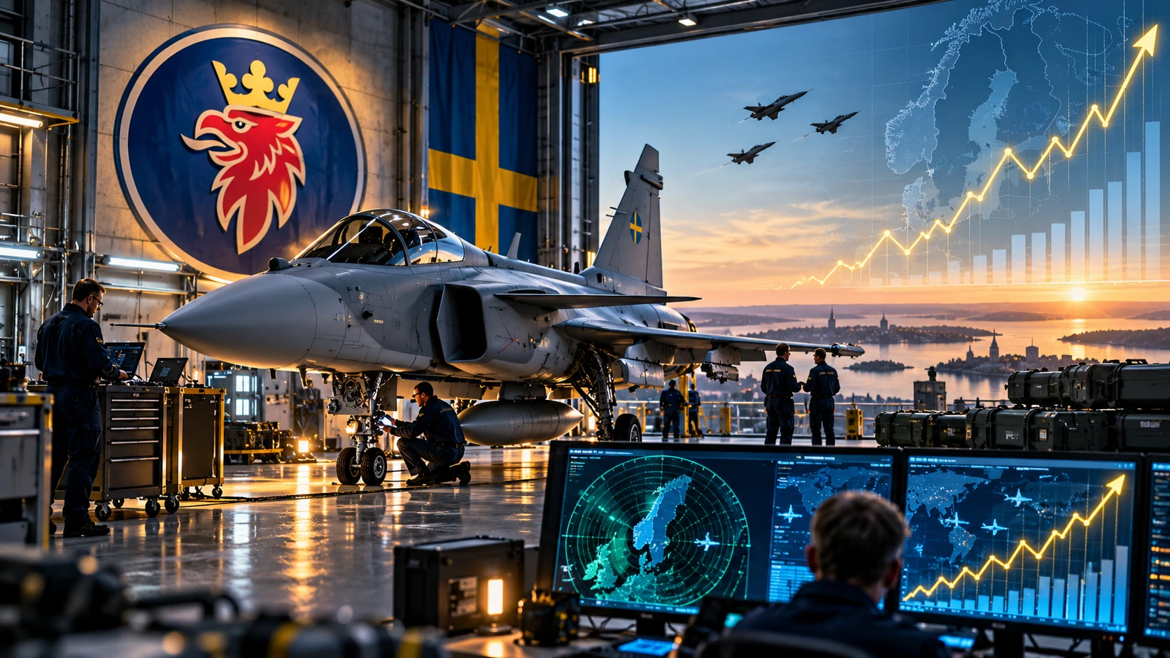Hangar de defensa aeroespacial con un avión de combate, el emblema de Saab y una señal alcista