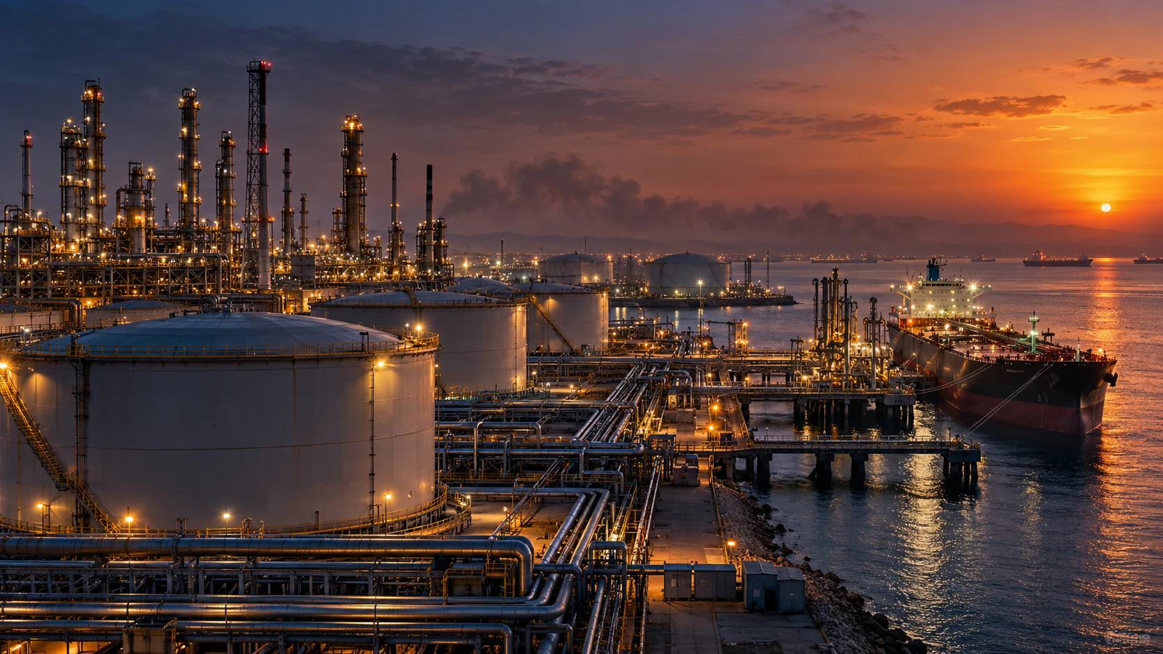 Refinería costera y terminal de exportación de crudo al amanecer tras nuevas tensiones de suministro