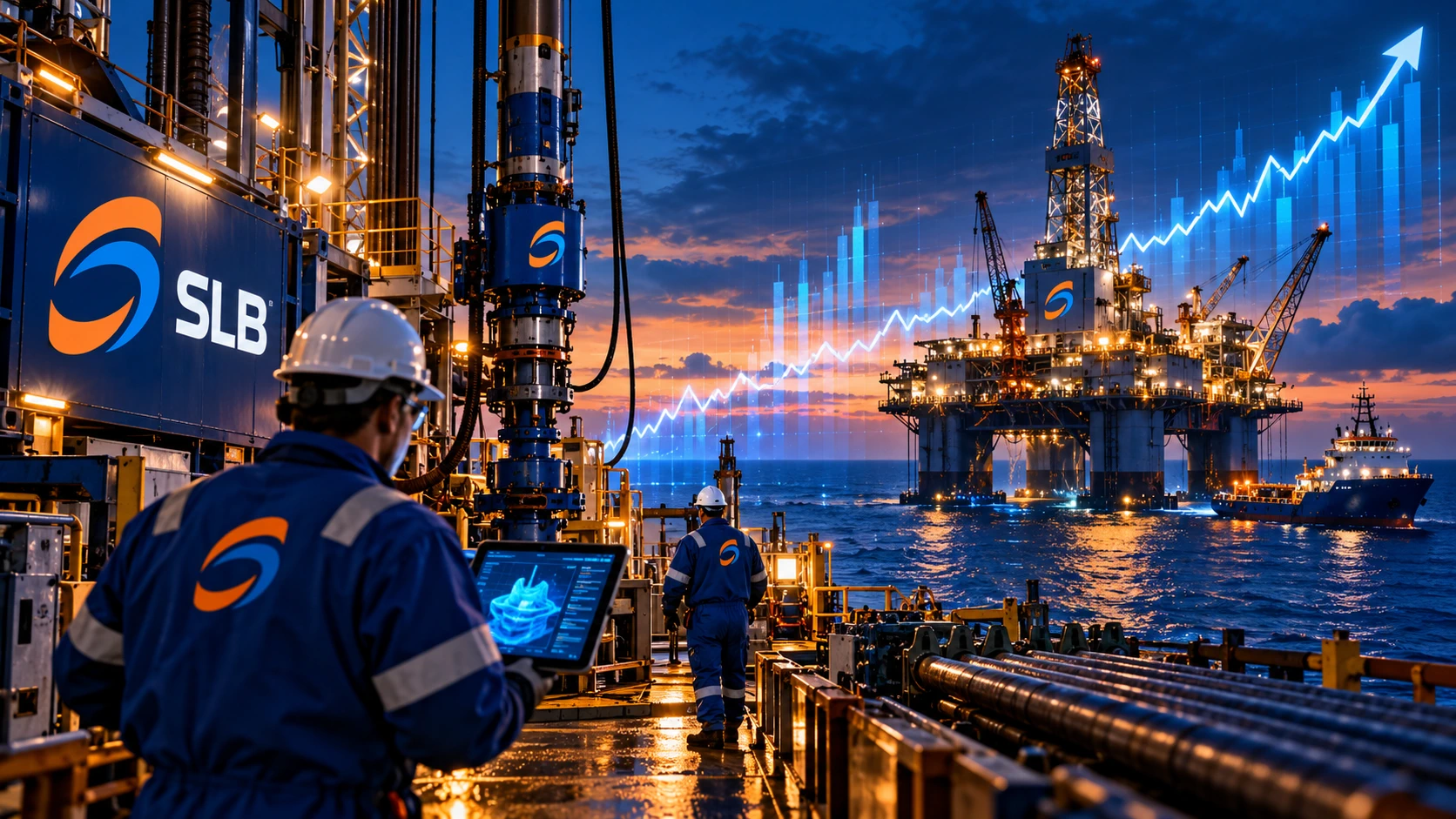Plataforma petrolífera con el emblema azul y naranja de SLB y una señal alcista