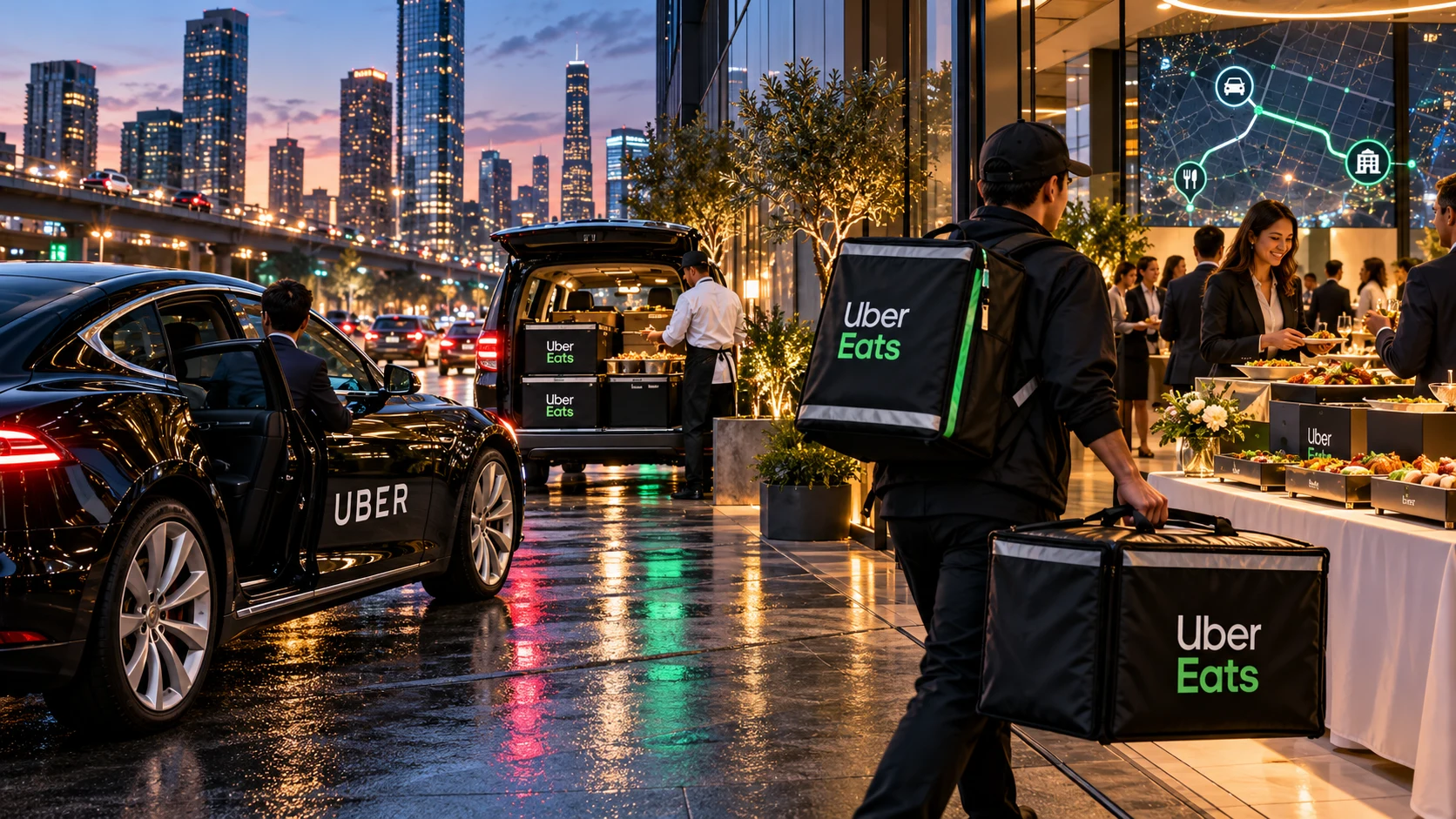 Vehículo y repartidor de Uber Eats entregando catering corporativo en una ciudad al anochecer