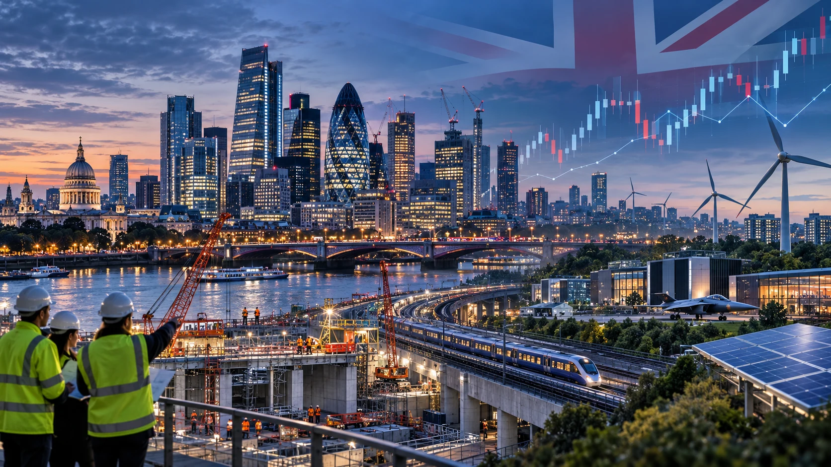 Escena editorial de inversión pública británica con infraestructura tecnológica y energía limpia