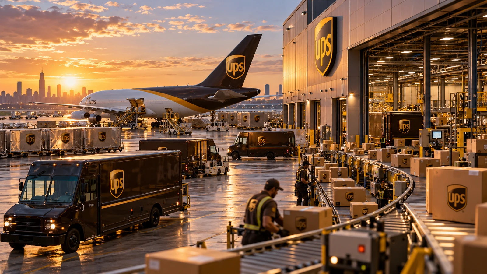 Avión, camiones y centro automatizado de UPS durante el amanecer