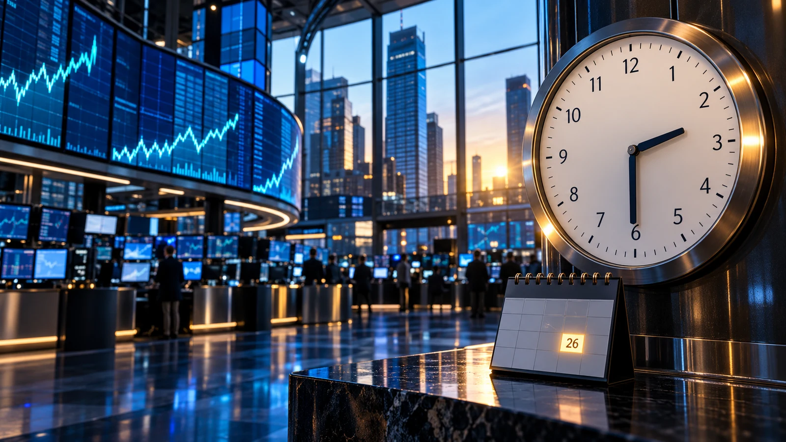 Sala de negociación con un reloj marcando las 14:30 antes de la apertura del Nasdaq en España