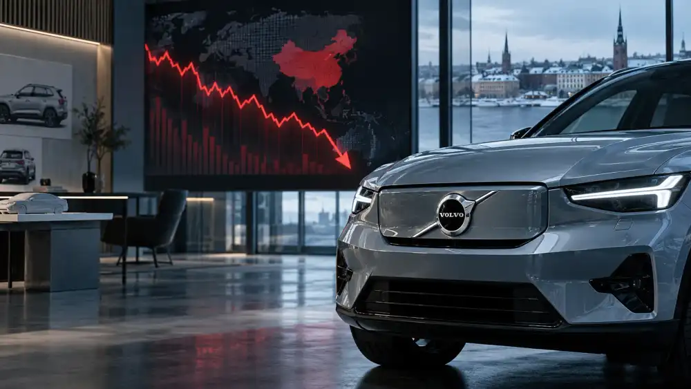 Volvo Cars eléctrico en un estudio escandinavo con panel bursátil descendente