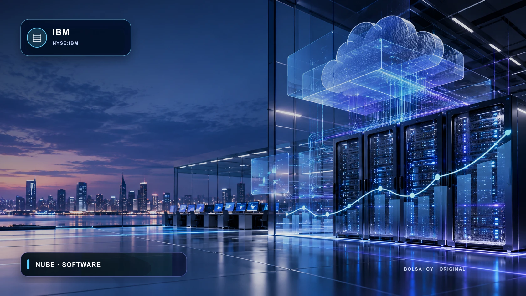Arquitectura de nube híbrida y circuitos de inteligencia artificial con distintivo IBM de BolsaHoy