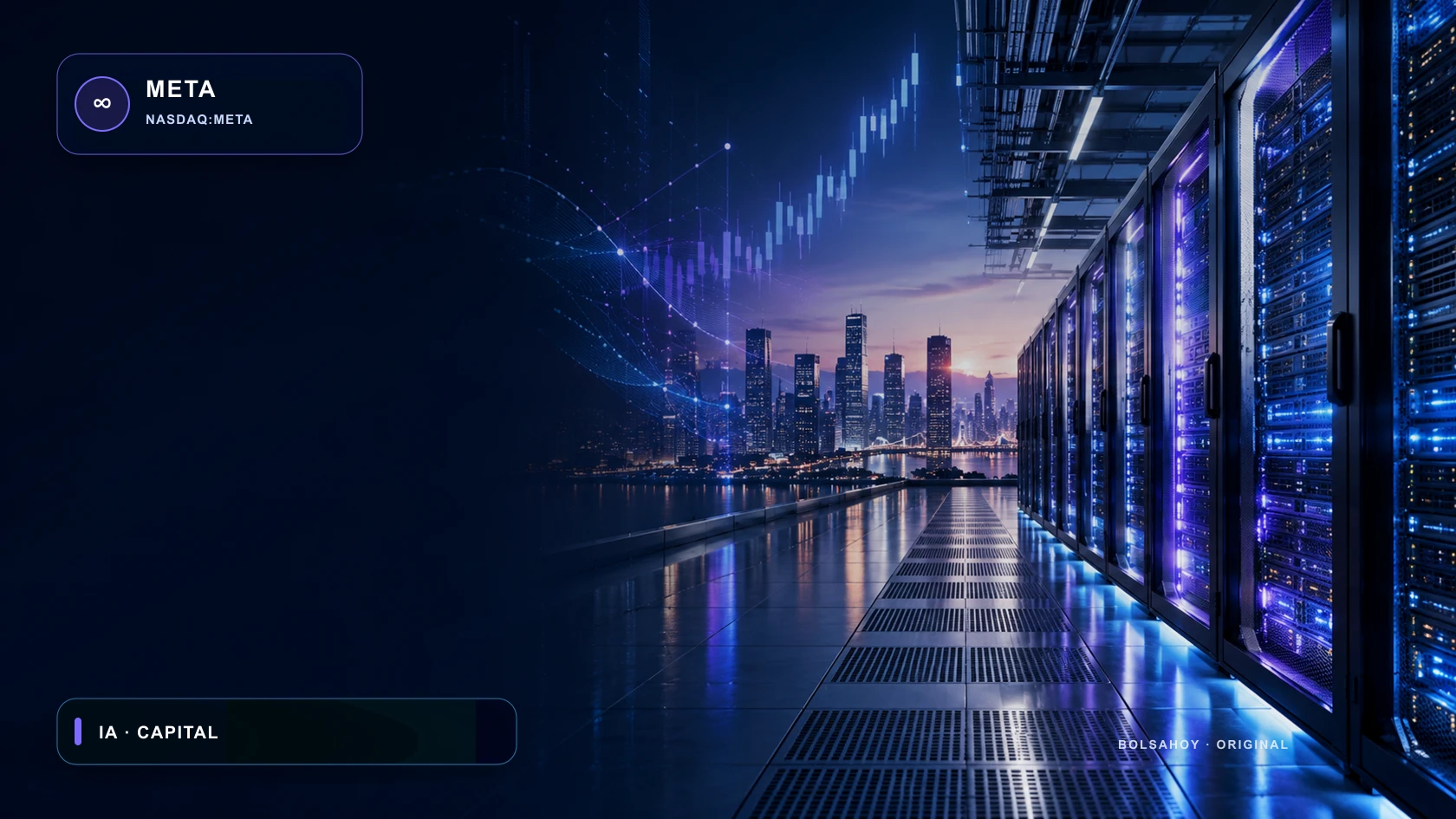 Centro de datos futurista con redes de IA y distintivo editorial META de BolsaHoy