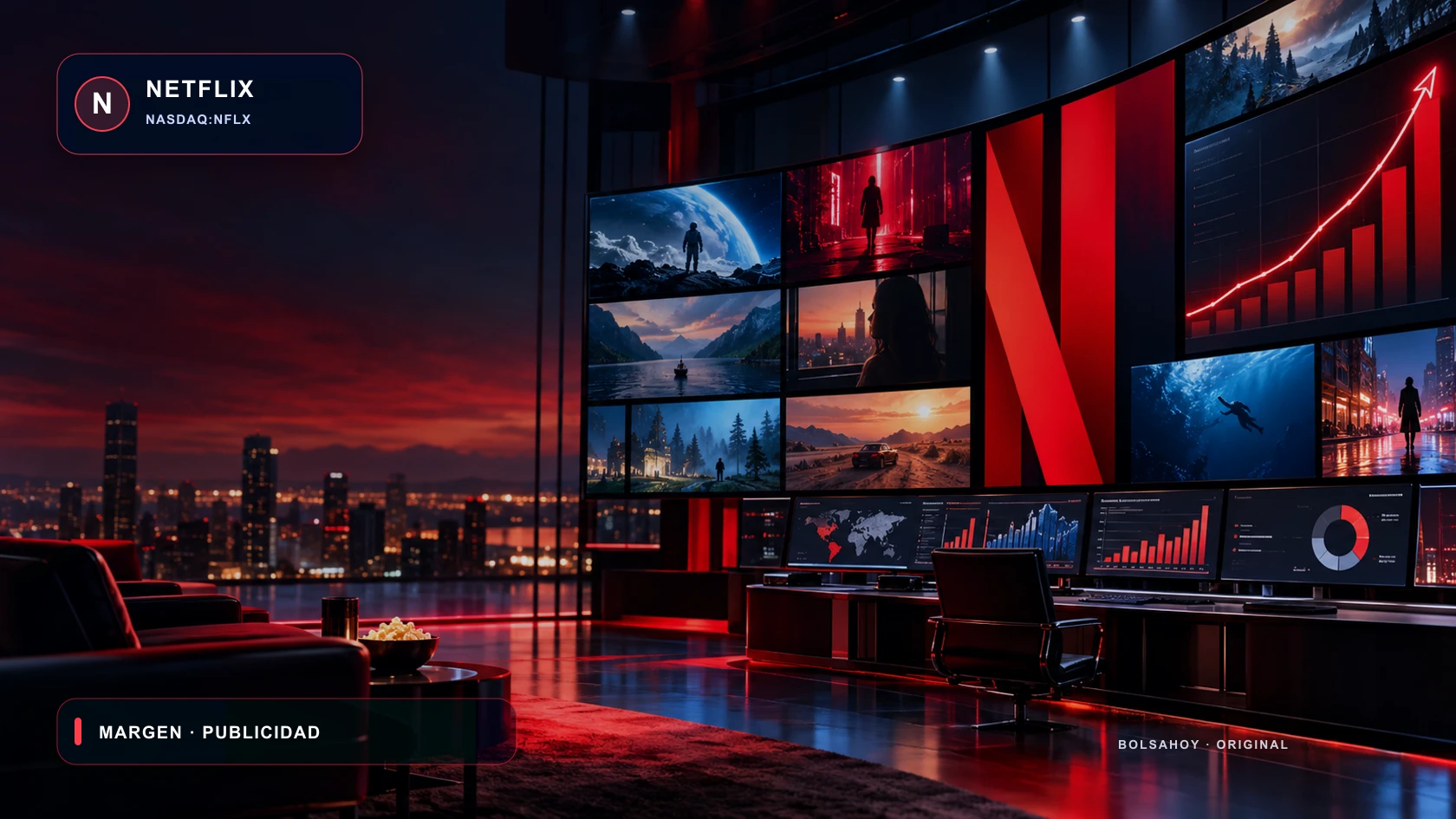 Pantalla de streaming con producción audiovisual y distintivo Netflix de BolsaHoy
