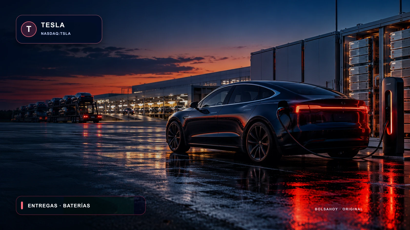 Vehículo eléctrico y módulos de baterías en una fábrica automatizada con distintivo Tesla de BolsaHoy