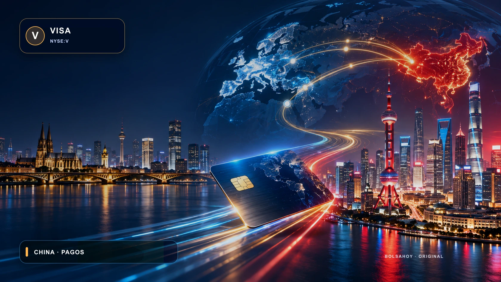 Horizonte urbano asiático y red de pagos digitales con distintivo Visa de BolsaHoy